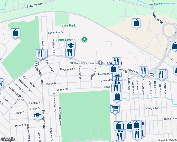 map of restaurants, bars, coffee shops, grocery stores, and more near 521 Roxford Road South in Syracuse