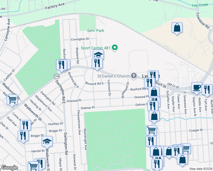 map of restaurants, bars, coffee shops, grocery stores, and more near 421 Roxford Road South in Syracuse