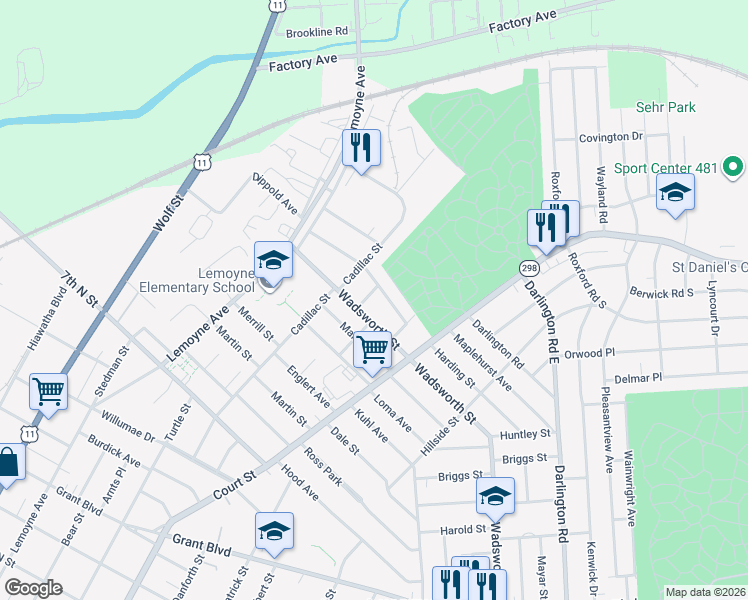 map of restaurants, bars, coffee shops, grocery stores, and more near 1056 Wadsworth Street in Syracuse