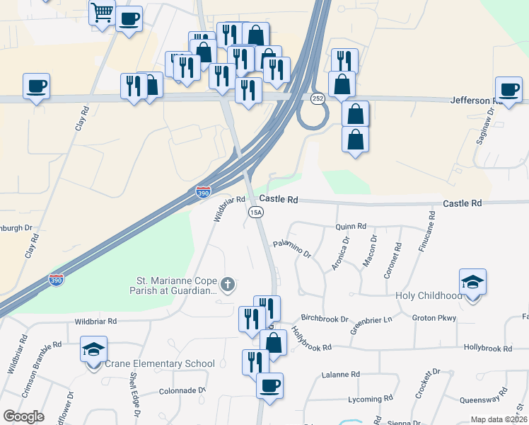 map of restaurants, bars, coffee shops, grocery stores, and more near 1960 East Henrietta Road in Rochester