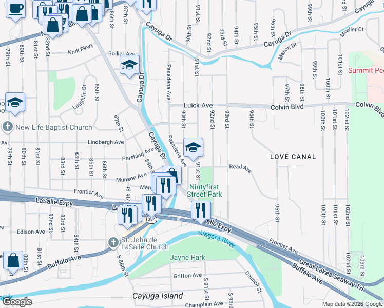 map of restaurants, bars, coffee shops, grocery stores, and more near 704 91st Street in Niagara Falls