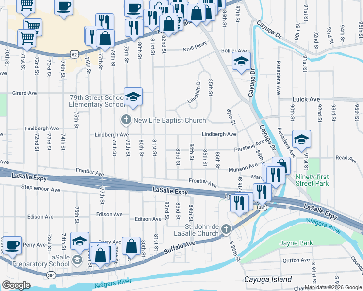 map of restaurants, bars, coffee shops, grocery stores, and more near 8305 Pershing Avenue in Niagara Falls