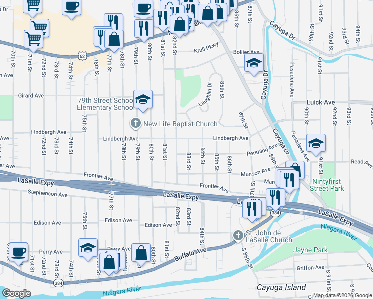 map of restaurants, bars, coffee shops, grocery stores, and more near 8305 Pershing Avenue in Niagara Falls