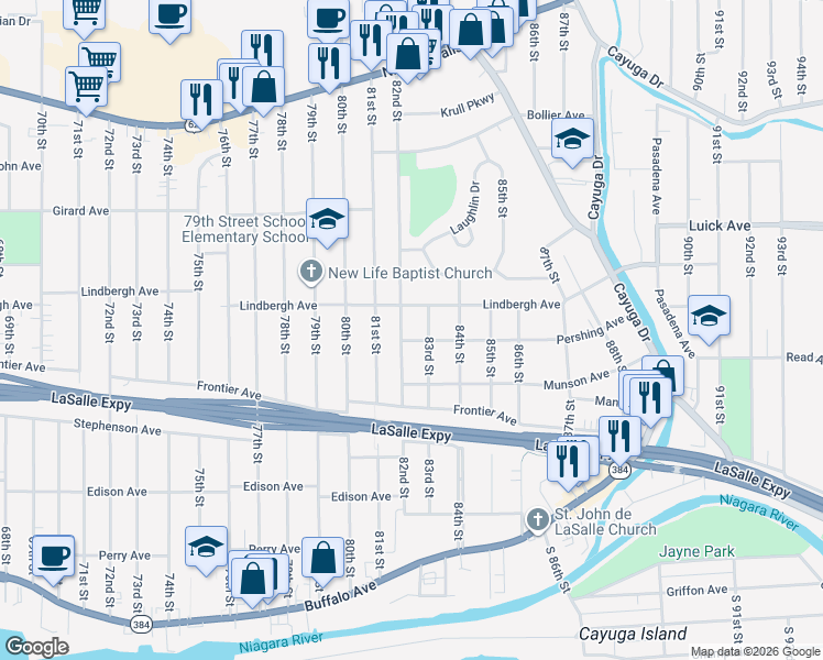 map of restaurants, bars, coffee shops, grocery stores, and more near 454 82nd Street in Niagara Falls