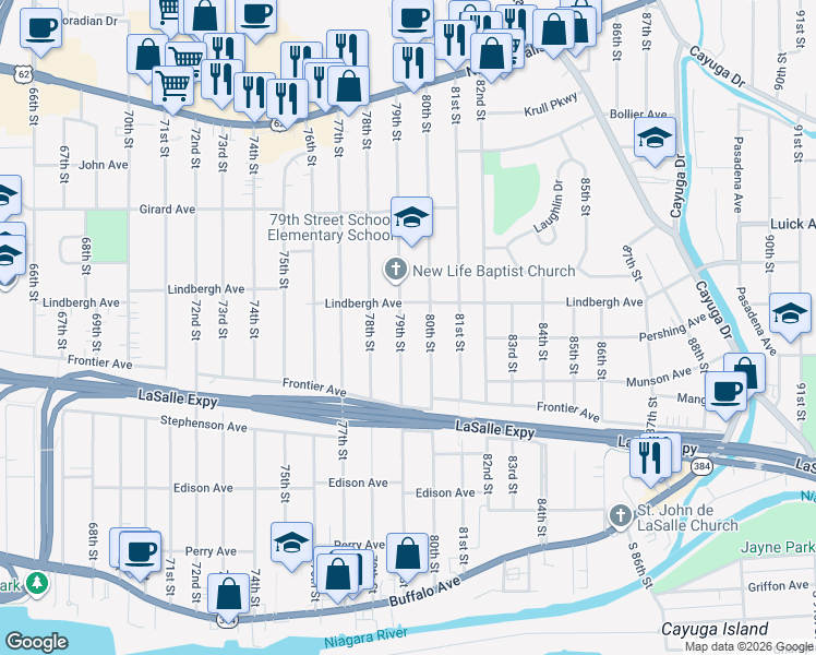 map of restaurants, bars, coffee shops, grocery stores, and more near 459 79th Street in Niagara Falls