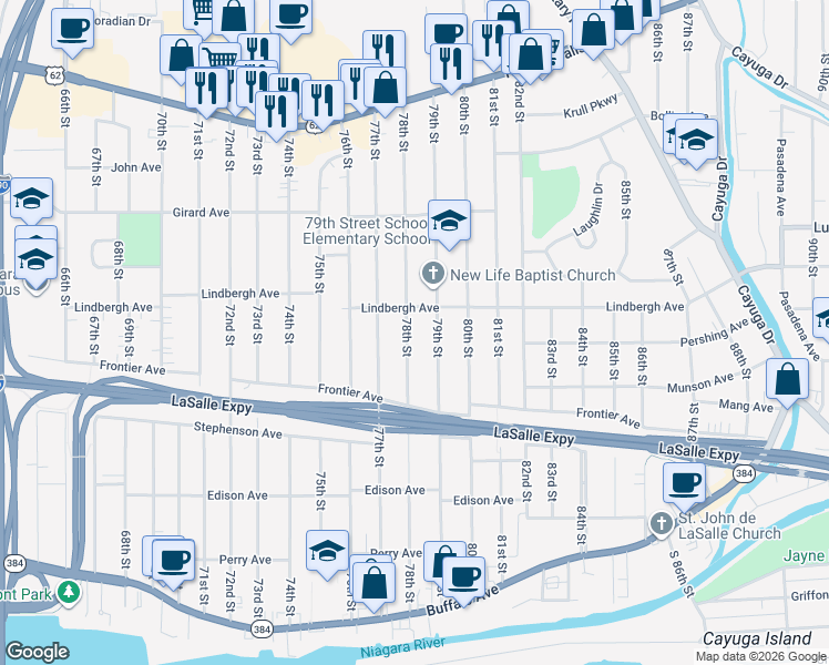 map of restaurants, bars, coffee shops, grocery stores, and more near 456 78th Street in Niagara Falls