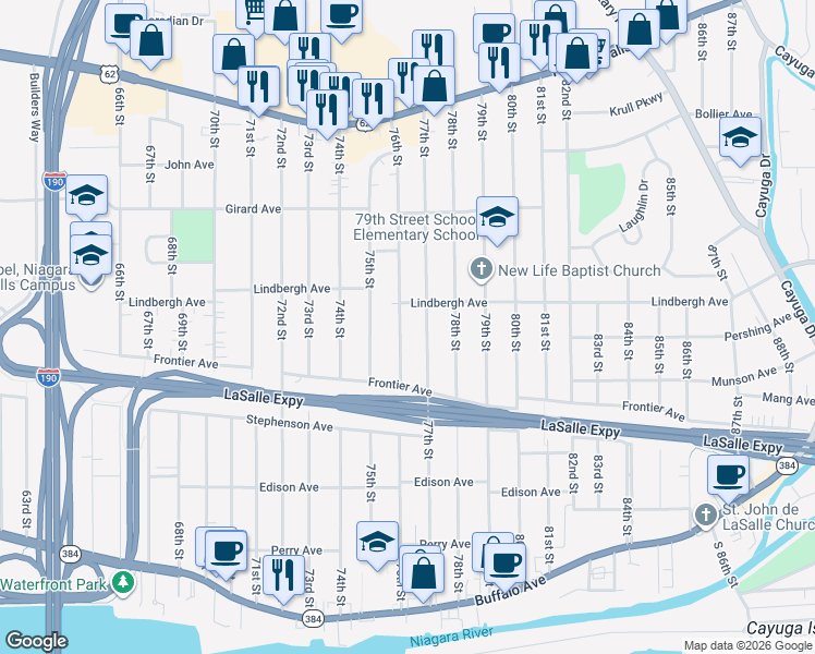 map of restaurants, bars, coffee shops, grocery stores, and more near 448 77th Street in Niagara Falls