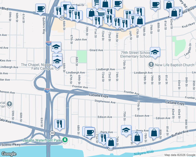 map of restaurants, bars, coffee shops, grocery stores, and more near 433 71st Street in Niagara Falls