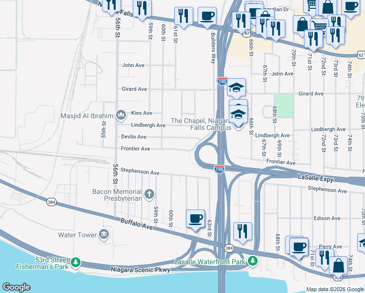 map of restaurants, bars, coffee shops, grocery stores, and more near 6023 1/2 Frontier Avenue in Niagara Falls
