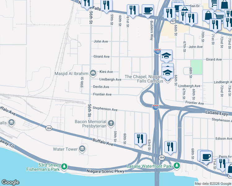 map of restaurants, bars, coffee shops, grocery stores, and more near 5697 Frontier Avenue in Niagara Falls