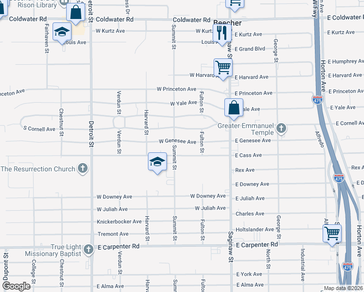 map of restaurants, bars, coffee shops, grocery stores, and more near 1112 West Cass Avenue in Flint
