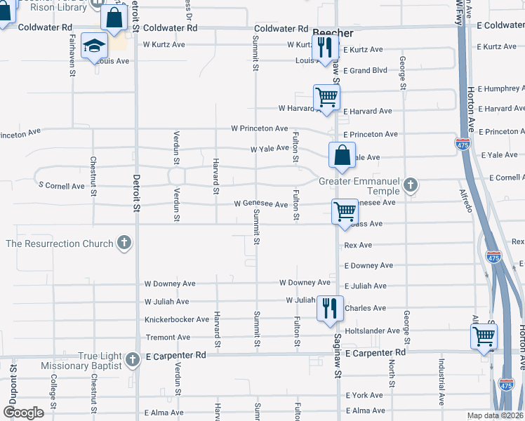 map of restaurants, bars, coffee shops, grocery stores, and more near 1112 West Cass Avenue in Flint