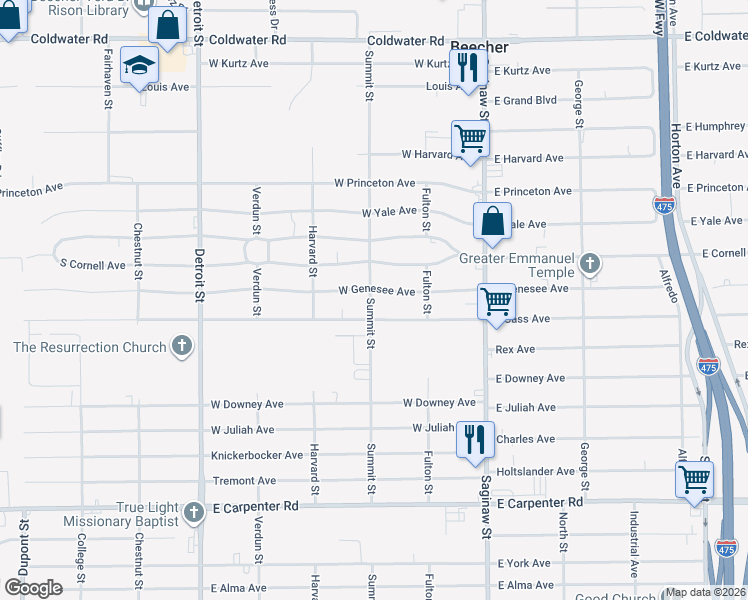 map of restaurants, bars, coffee shops, grocery stores, and more near 1112 West Cass Avenue in Flint