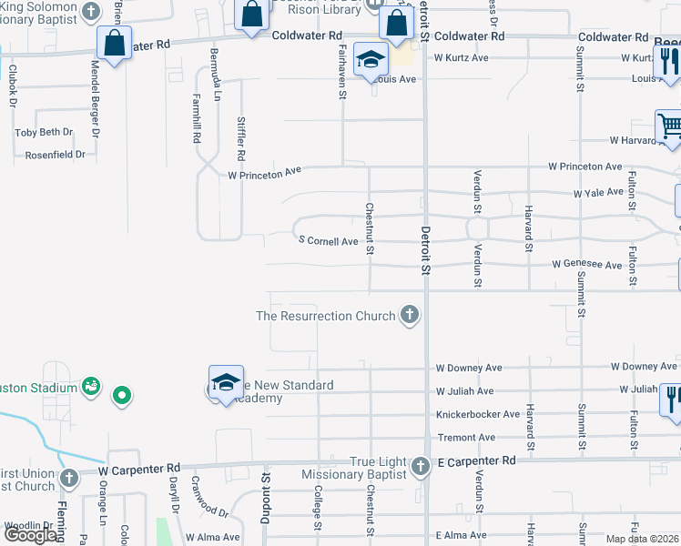 map of restaurants, bars, coffee shops, grocery stores, and more near 1436 West Cass Avenue in Flint