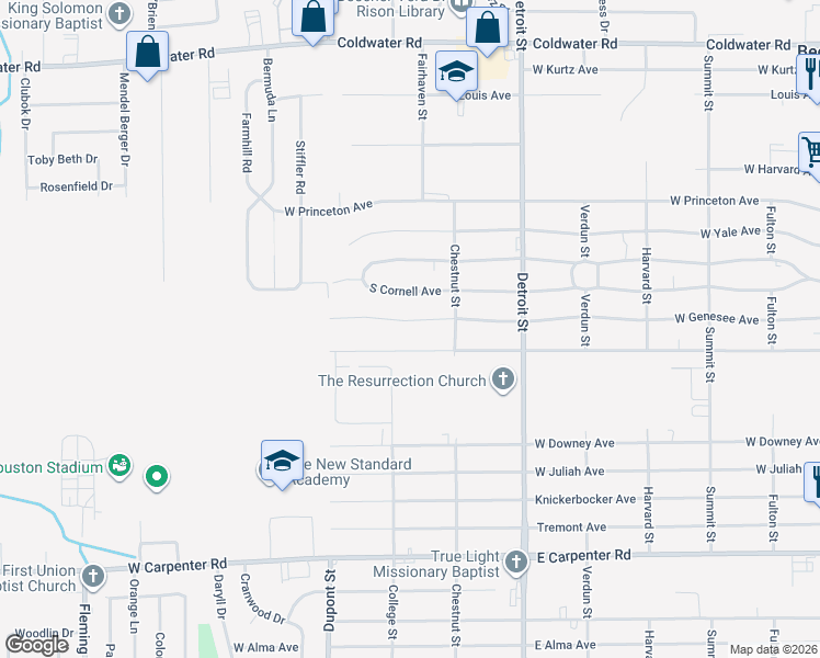 map of restaurants, bars, coffee shops, grocery stores, and more near 1436 West Cass Avenue in Flint