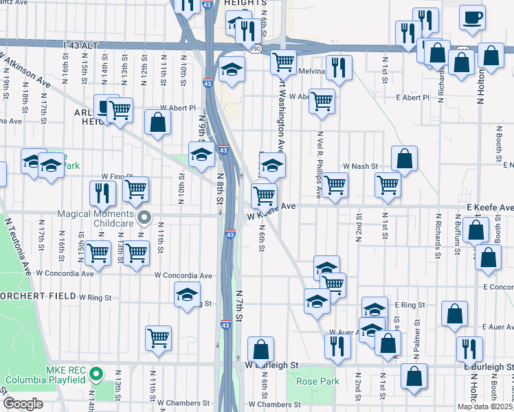 map of restaurants, bars, coffee shops, grocery stores, and more near in Milwaukee