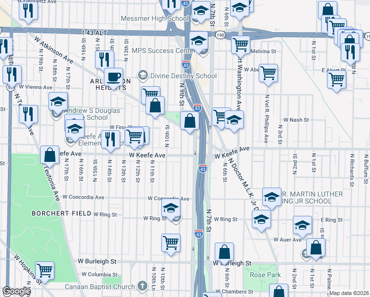 map of restaurants, bars, coffee shops, grocery stores, and more near 3461 North 9th Street in Milwaukee