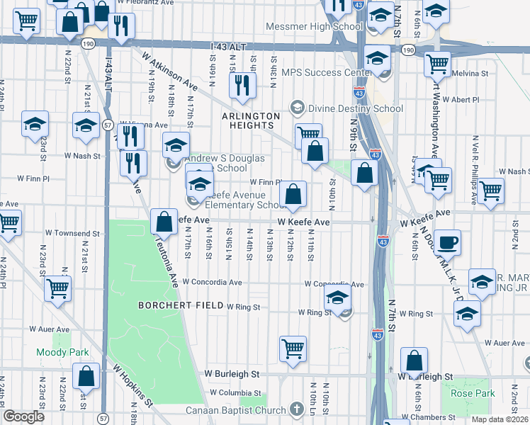 map of restaurants, bars, coffee shops, grocery stores, and more near 1229 West Keefe Avenue in Milwaukee