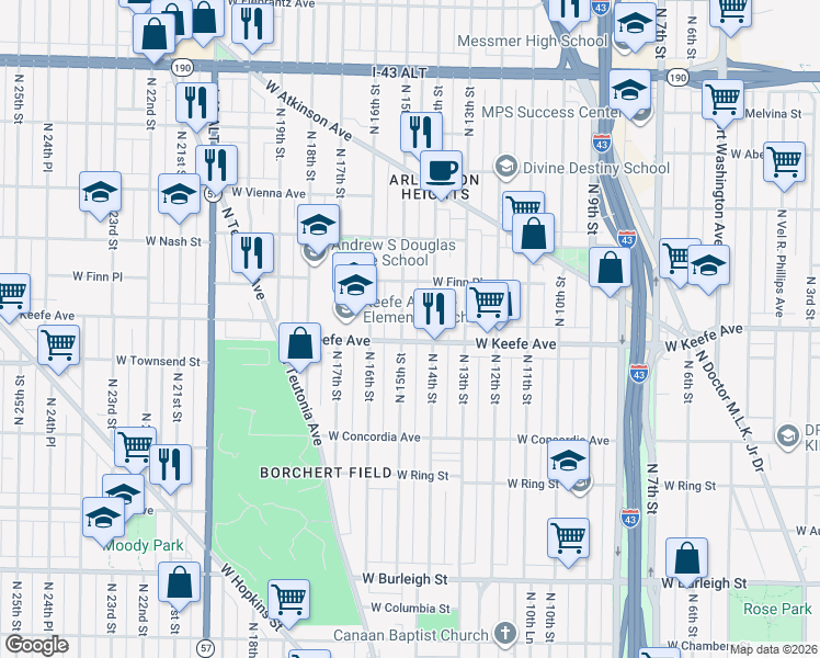 map of restaurants, bars, coffee shops, grocery stores, and more near 3463 North 15th Street in Milwaukee