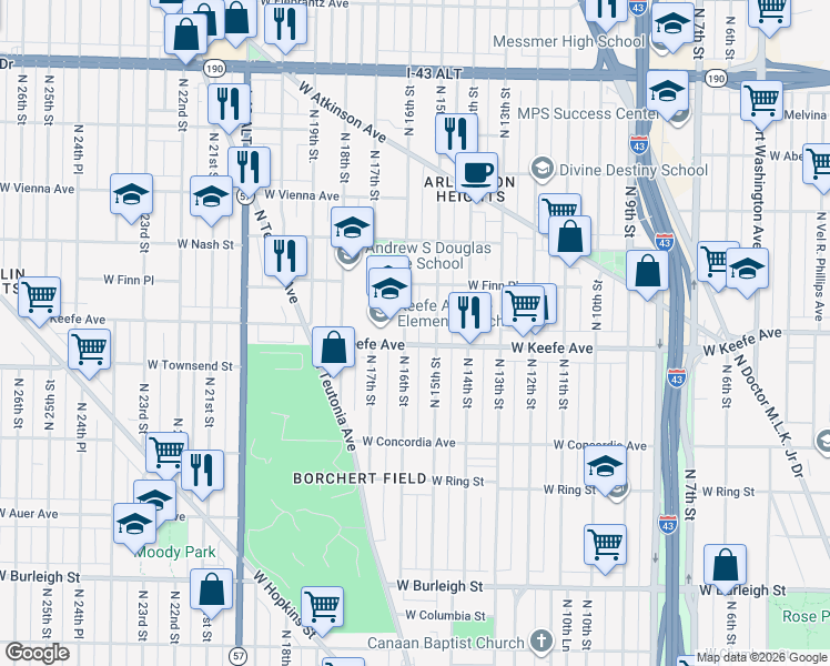 map of restaurants, bars, coffee shops, grocery stores, and more near 3463 North 15th Street in Milwaukee