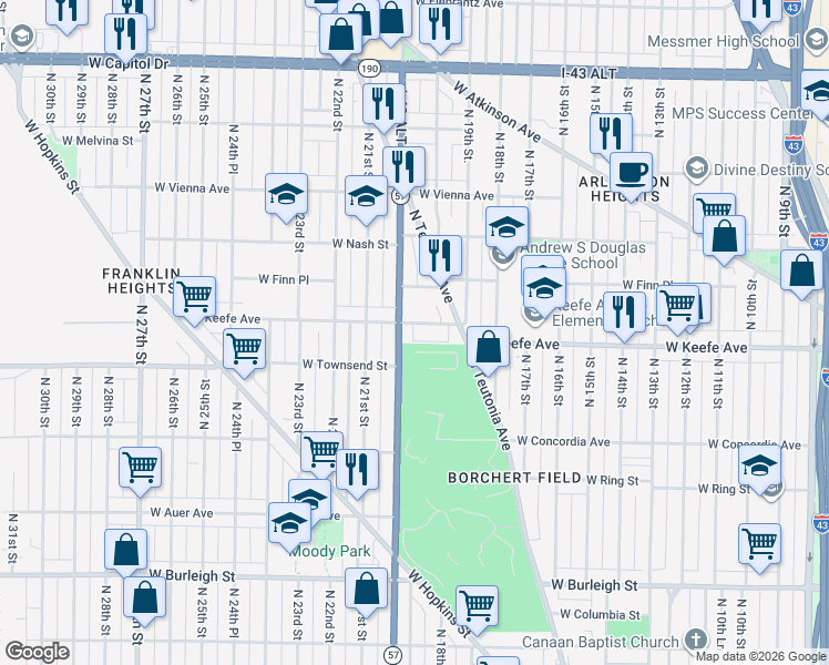map of restaurants, bars, coffee shops, grocery stores, and more near 1929 West Keefe Avenue in Milwaukee