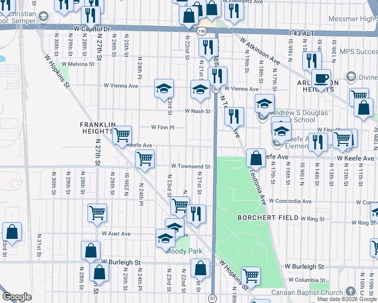 map of restaurants, bars, coffee shops, grocery stores, and more near 3409 North 21st Street in Milwaukee
