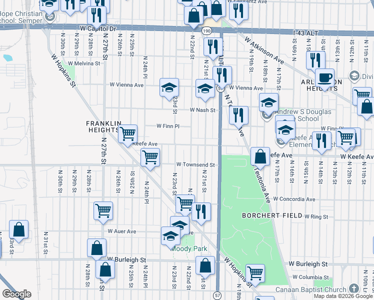 map of restaurants, bars, coffee shops, grocery stores, and more near 2222 West Townsend Street in Milwaukee