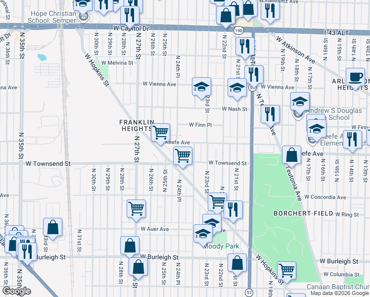 map of restaurants, bars, coffee shops, grocery stores, and more near 3418 North 24th Place in Milwaukee