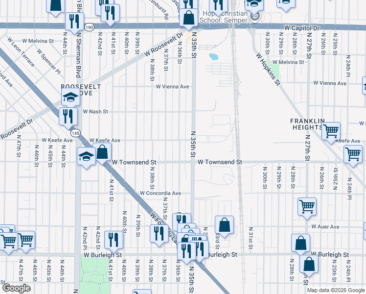 map of restaurants, bars, coffee shops, grocery stores, and more near 3411-3413 North 36th Street in Milwaukee