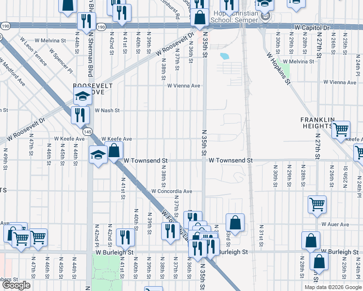 map of restaurants, bars, coffee shops, grocery stores, and more near 3411-3413 North 36th Street in Milwaukee