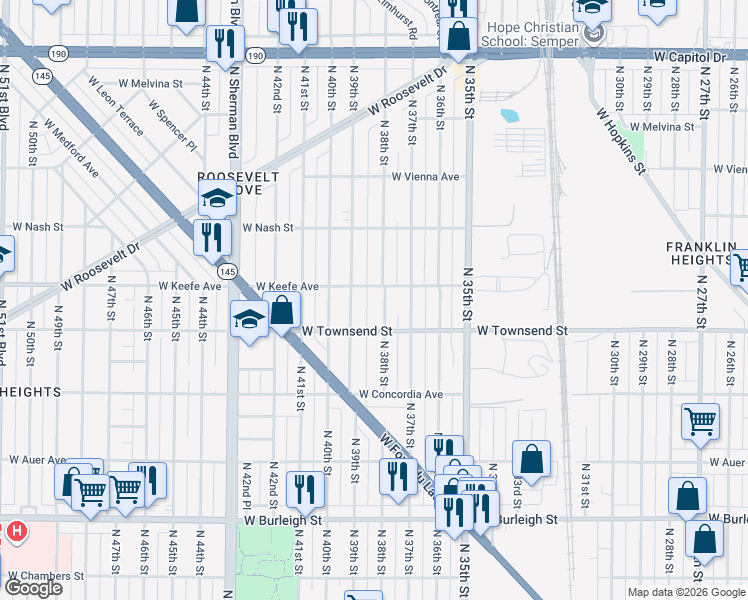 map of restaurants, bars, coffee shops, grocery stores, and more near 3425 North 38th Street in Milwaukee