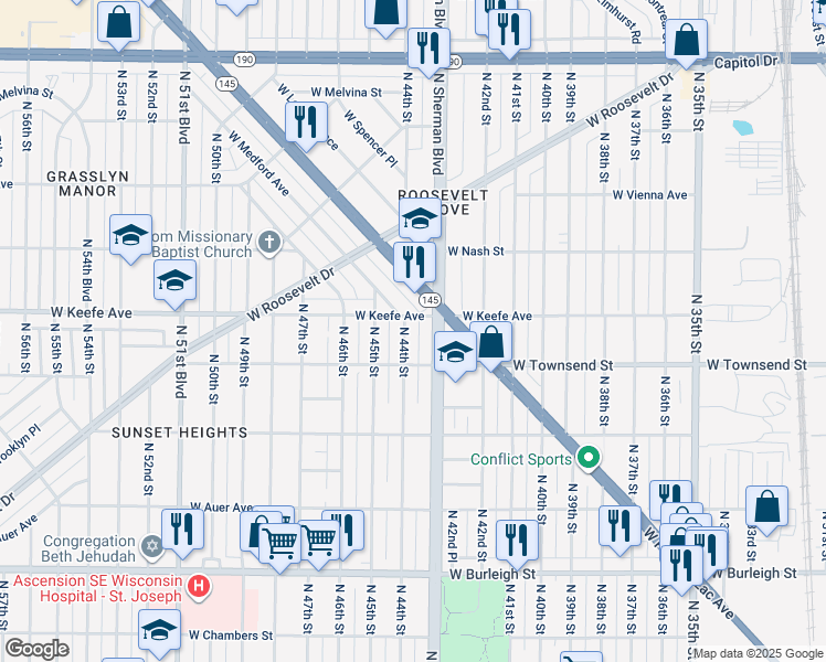 map of restaurants, bars, coffee shops, grocery stores, and more near 3417 North Sherman Boulevard in Milwaukee