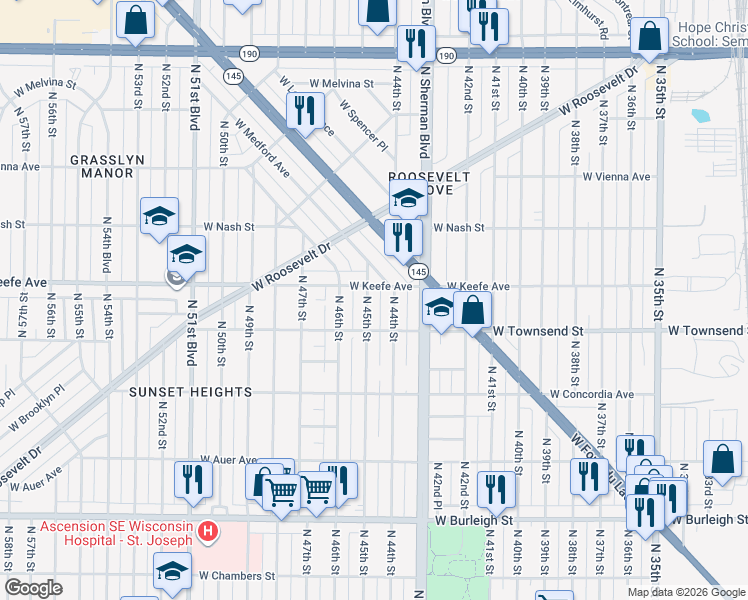 map of restaurants, bars, coffee shops, grocery stores, and more near 3413 North 44th Street in Milwaukee