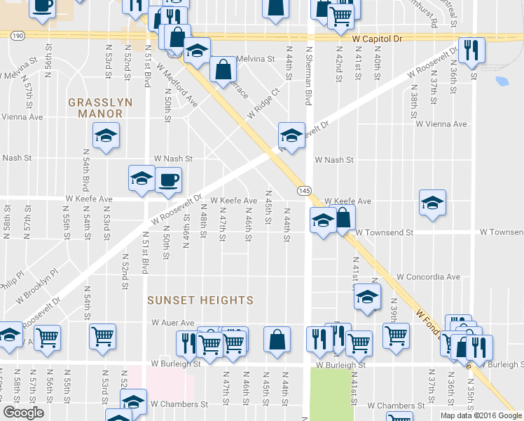 map of restaurants, bars, coffee shops, grocery stores, and more near 3412 North 46th Street in Milwaukee