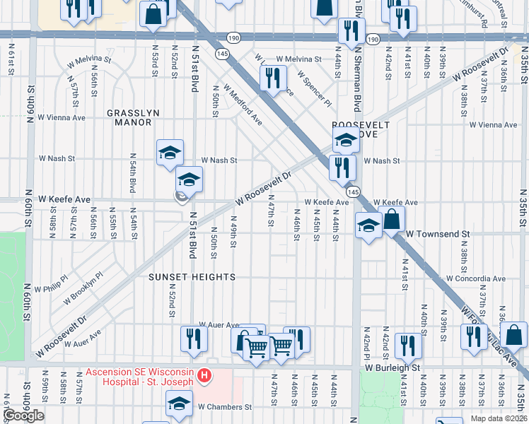 map of restaurants, bars, coffee shops, grocery stores, and more near 3412 North 48th Street in Milwaukee