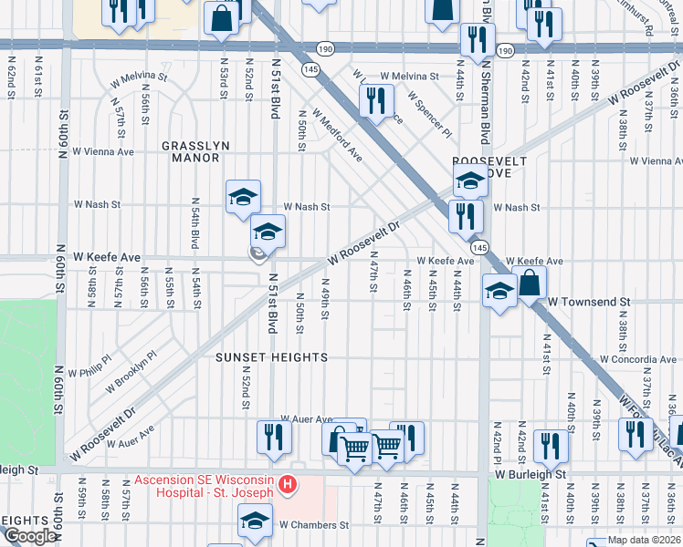 map of restaurants, bars, coffee shops, grocery stores, and more near 3412 North 48th Street in Milwaukee