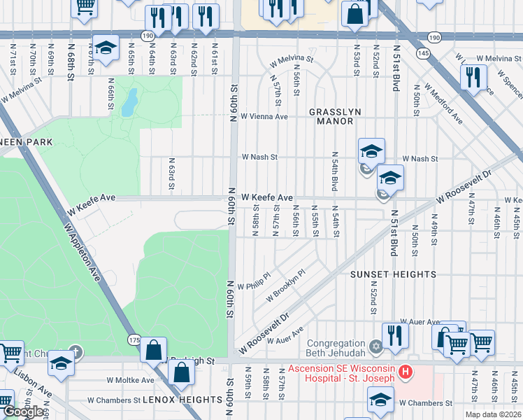 map of restaurants, bars, coffee shops, grocery stores, and more near 3428 North 58th Street in Milwaukee