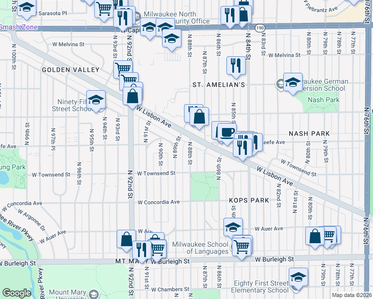 map of restaurants, bars, coffee shops, grocery stores, and more near 3435 North 88th Street in Milwaukee