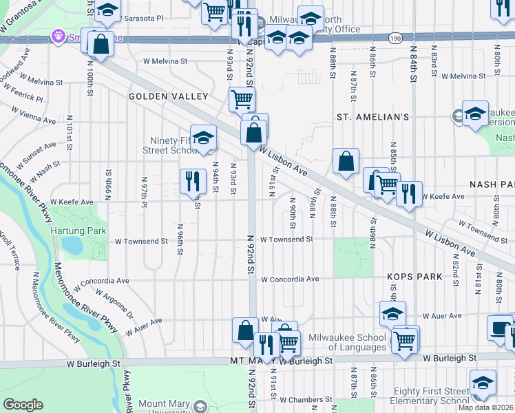 map of restaurants, bars, coffee shops, grocery stores, and more near 3438 North 92nd Street in Milwaukee