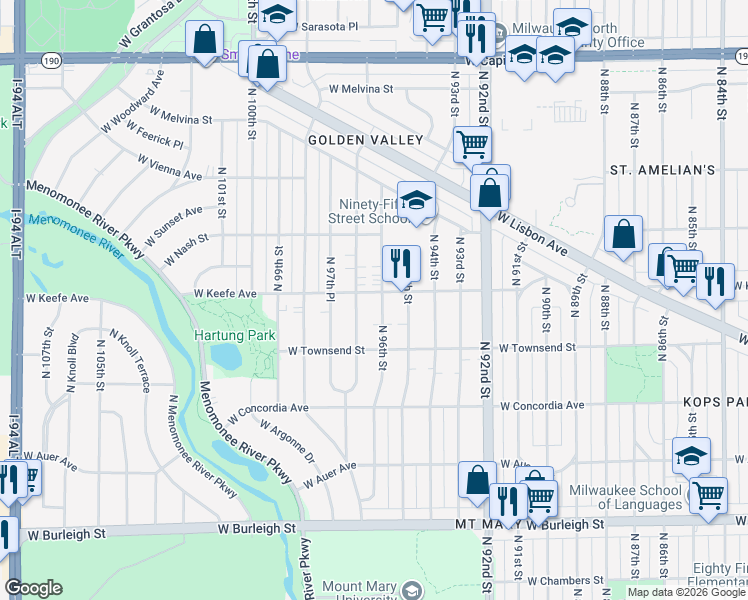 map of restaurants, bars, coffee shops, grocery stores, and more near 3475 North 95th Street in Milwaukee