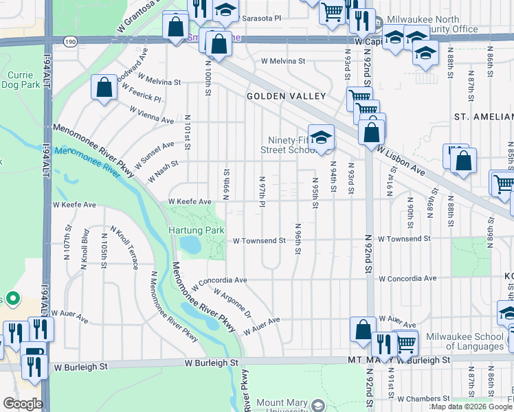 map of restaurants, bars, coffee shops, grocery stores, and more near 3442 North 98th Street in Milwaukee