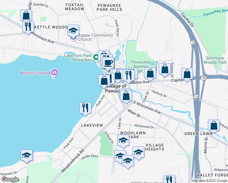 map of restaurants, bars, coffee shops, grocery stores, and more near 126 Main Street in Pewaukee