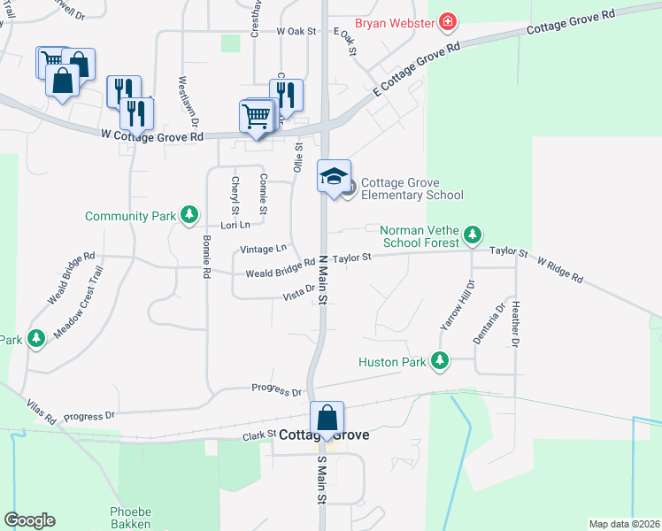 map of restaurants, bars, coffee shops, grocery stores, and more near 302 North Main Street in Cottage Grove