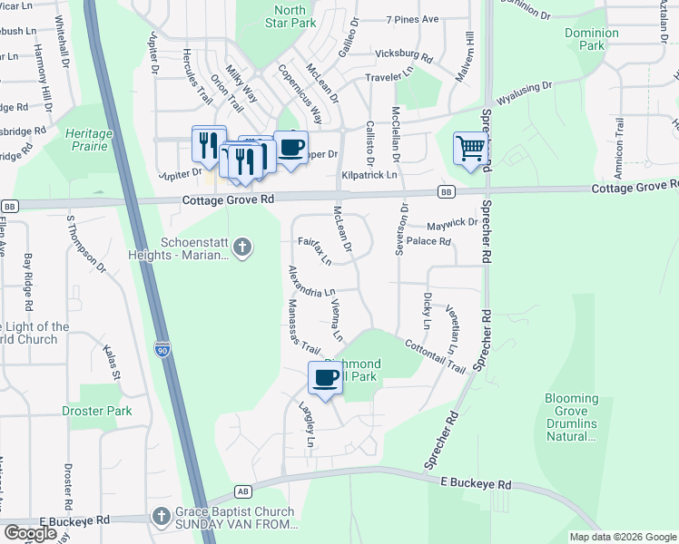 map of restaurants, bars, coffee shops, grocery stores, and more near 1301 Alexandria Lane in Madison
