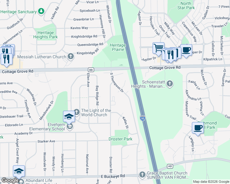 map of restaurants, bars, coffee shops, grocery stores, and more near 1117 Droster Road in Madison