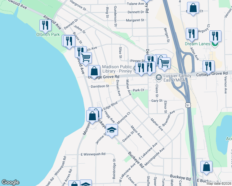 map of restaurants, bars, coffee shops, grocery stores, and more near 309 Lake Edge Boulevard in Madison