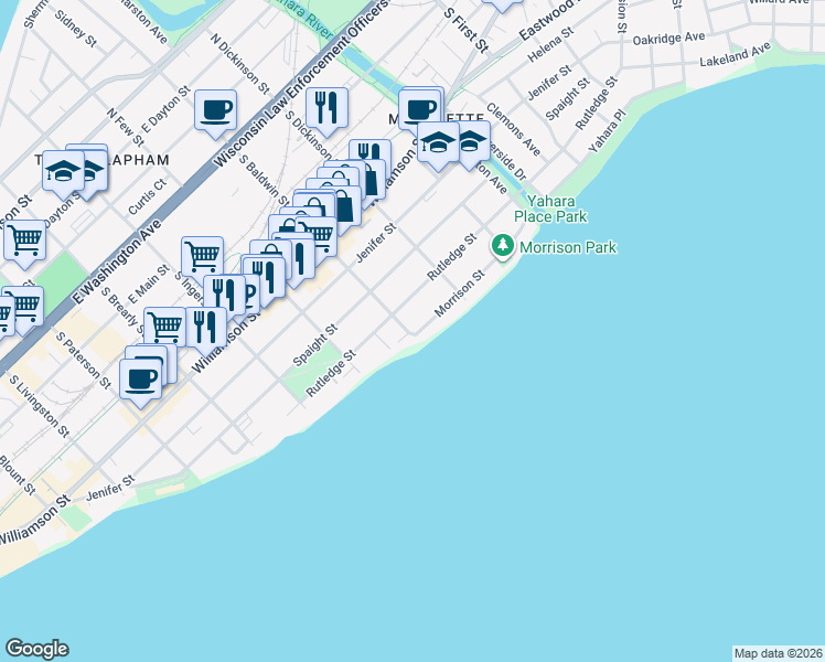 map of restaurants, bars, coffee shops, grocery stores, and more near 725 Orton Court in Madison