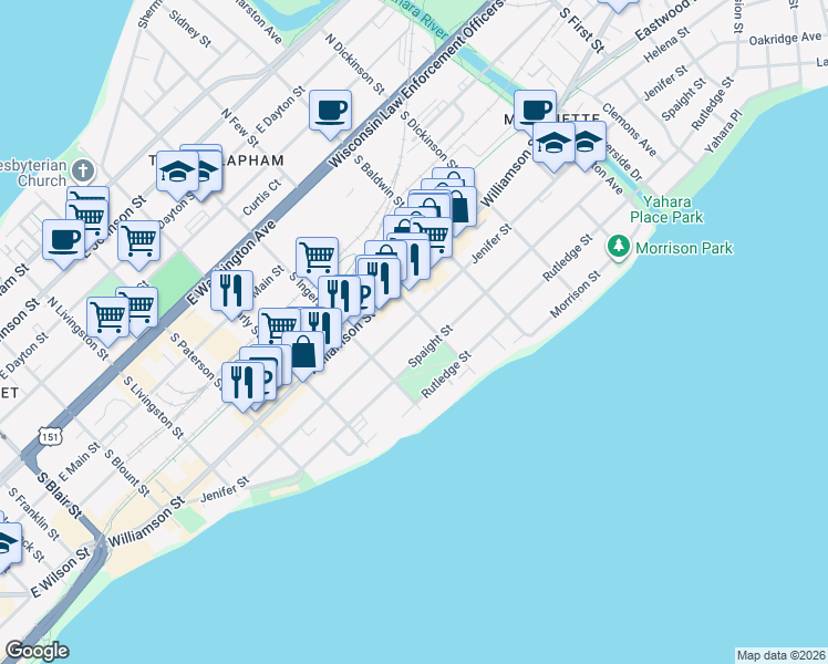map of restaurants, bars, coffee shops, grocery stores, and more near 1128 Spaight Street in Madison
