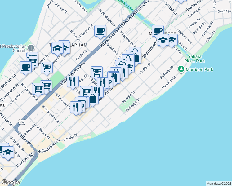 map of restaurants, bars, coffee shops, grocery stores, and more near 1128 Spaight Street in Madison