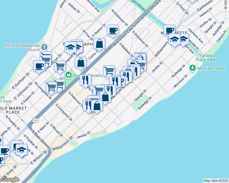 map of restaurants, bars, coffee shops, grocery stores, and more near 1030 Williamson Street in Madison